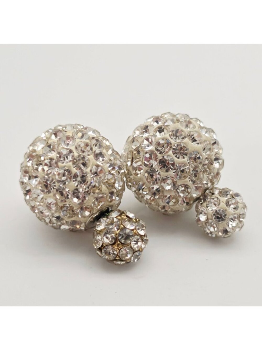 Double Rhinestone Crystal Silver Stud Earrings Silver 1/2" - Picture 2 of 6